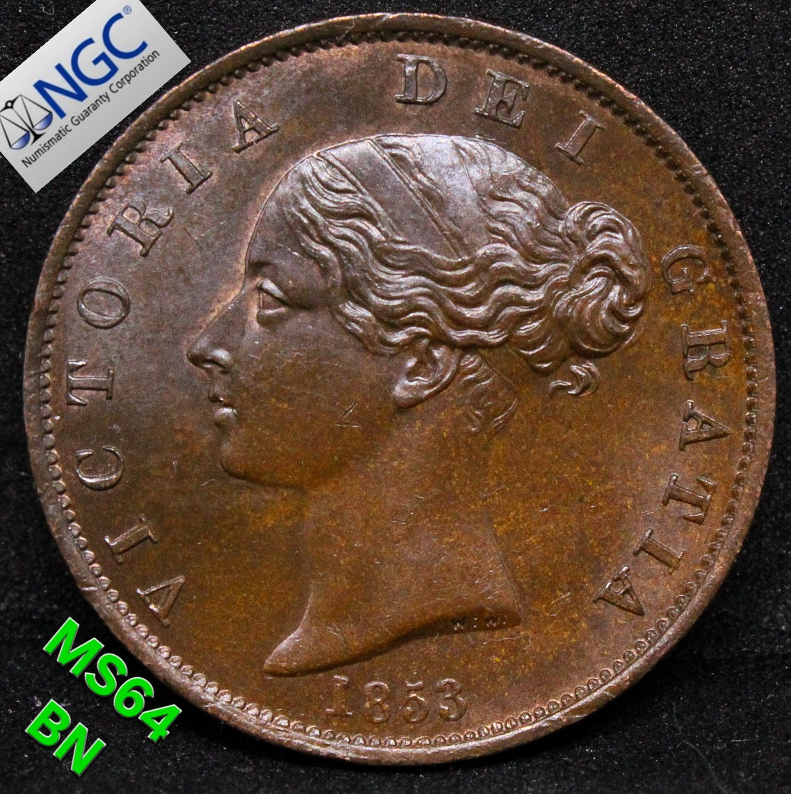 1853 G.BRITAIN 1/2 PENNY Queen Victoria .NGC MS 64 BN