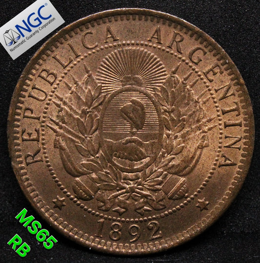 1892 ARGENTINA 2 CENTAVOS .NGC MS 65 RB