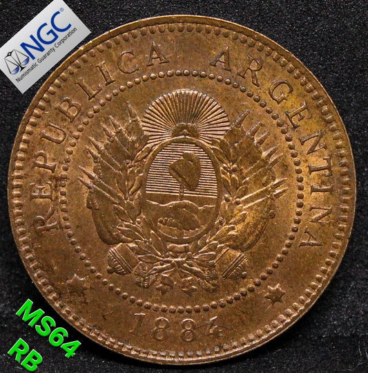 1884 ARGENTINA 1 CENTAVOS .NGC MS 64 RB