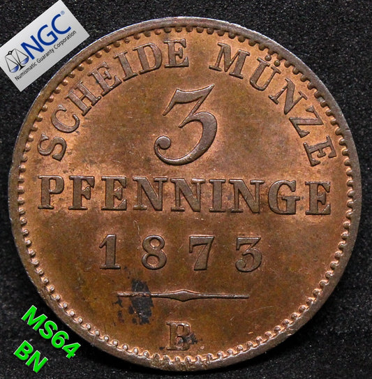 1873B GERMANY 3 PFENNIG PRUSSIA .NGC MS 64 BN