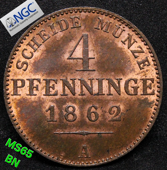 1862A GERMANY 4 PFENNIG PRUSSIA .NGC MS 65 BN