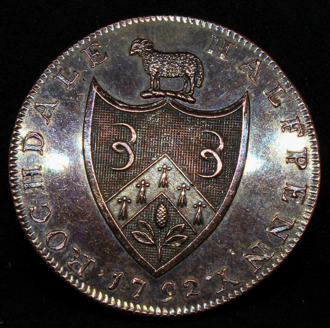 Rochdale 1/2 penny copper token 1792. almost PL fields