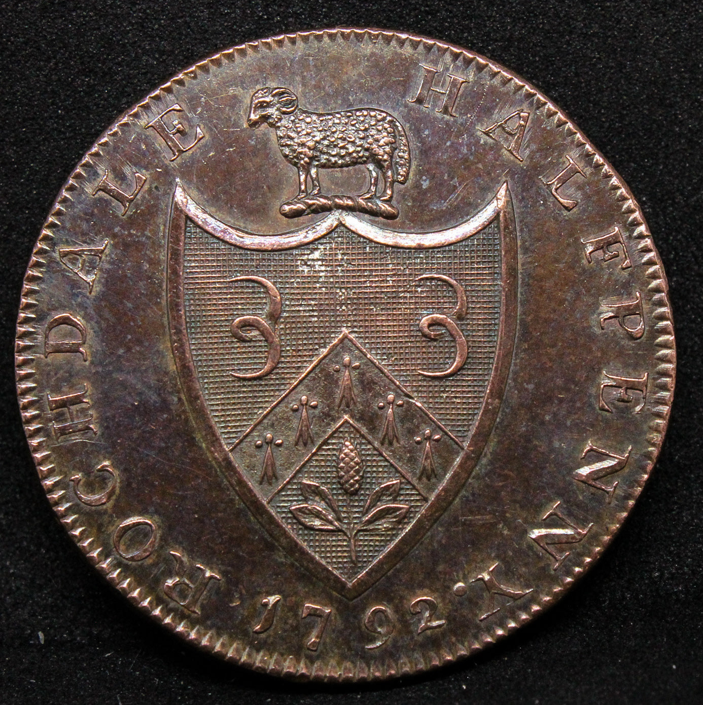 Rochdale 1/2 penny copper token 1792. almost PL fields