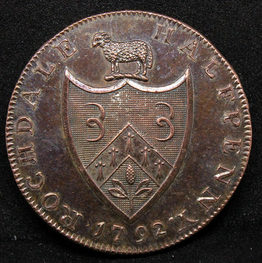 Rochdale 1/2 penny copper token 1792. almost PL fields
