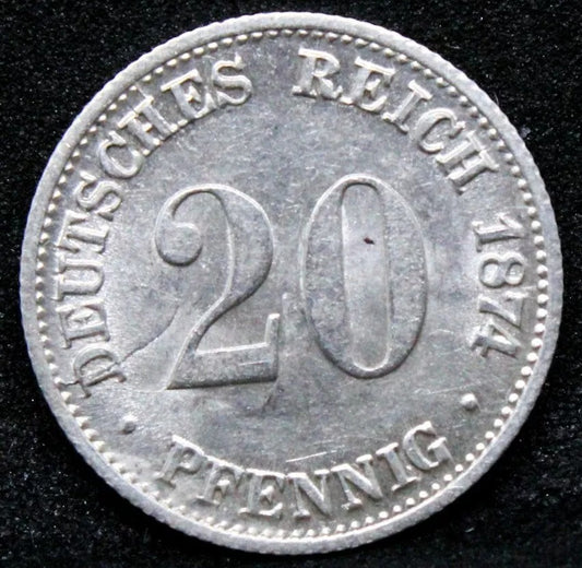 1874-C 20 Pfennig, Germany, Wilhelm I. KM-5, UNC Late Die State a few die cracks