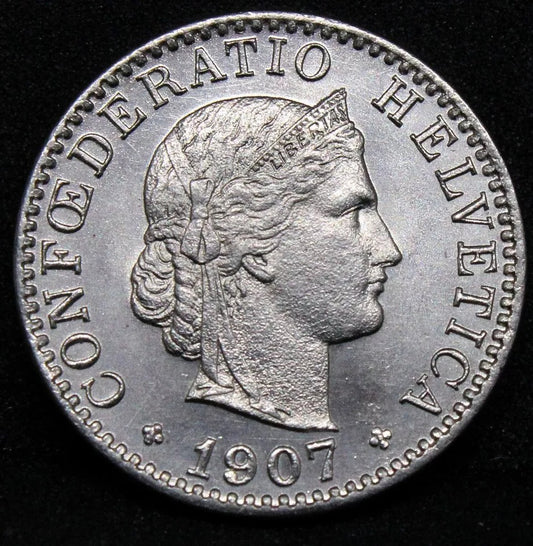 20 Rappen 1907, Switzerland Confederation. KM-29. BU, very high grade