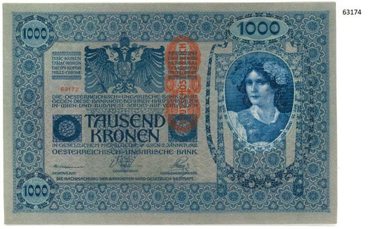 2 consecutive 1000 Kronen, Austria, 1902(1919) Pick 59. EPQ no tears/folds