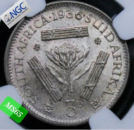 1936 3 Pence, Sout.h Afric.a. George V. KM-15.2 NG.C MS65 SOLD..