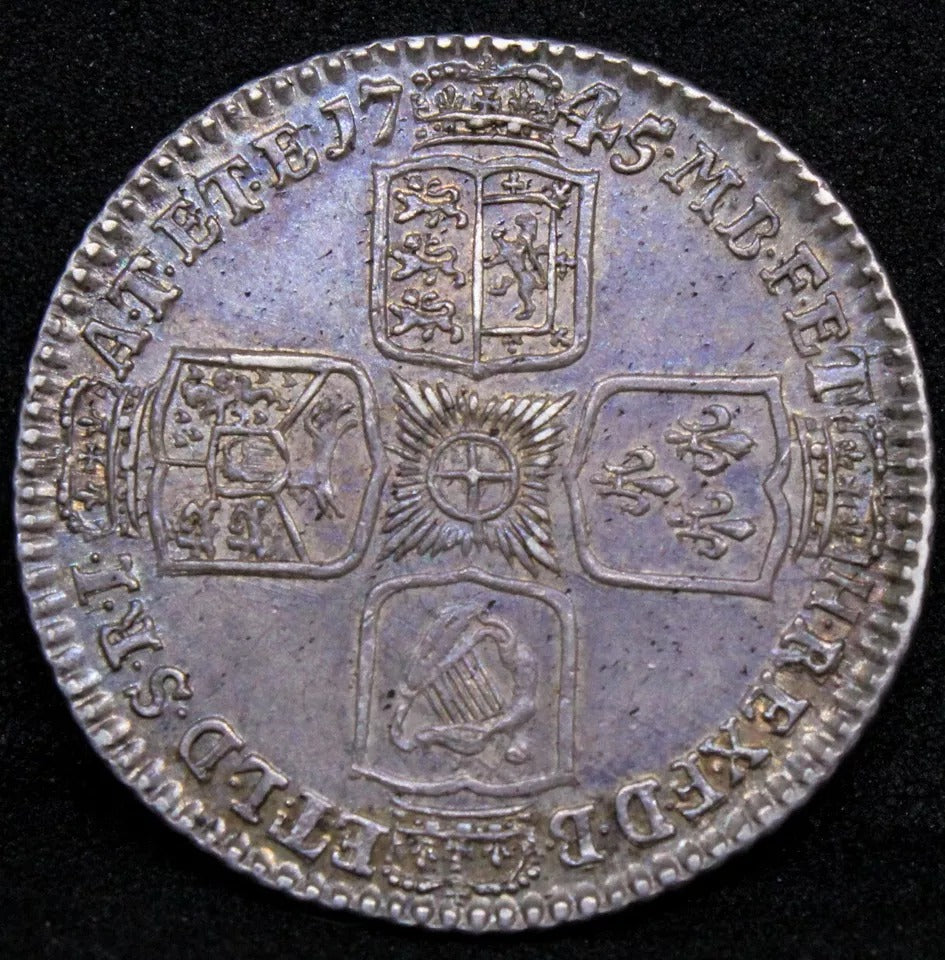 Shilling 1745, Lima Issue. King George II. S.3703. aUNC +great blue tones