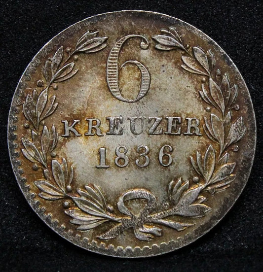 3 Kreuzer 1836. Baden, German States Issue. Ludwig I. KM-199. UNC+toned