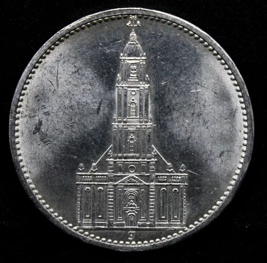 1934-J Postdam Church 5 Reichsmark, German Silver. KM-83 Rare Mint, Hamburg gEF