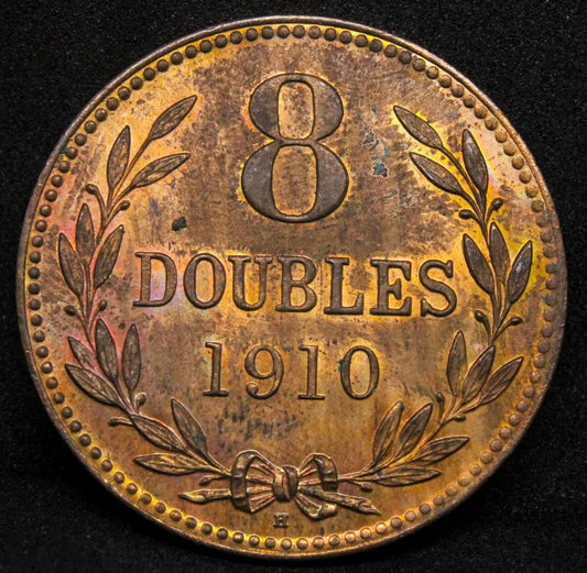 8 Doubles 1910 -H, Guernsey Bronze Coin. KM-7. BU + colour/Lustre