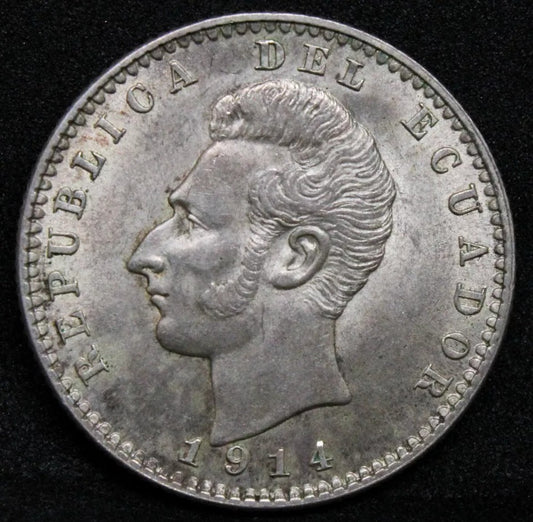 2 Décimos 1914 TF (Phillidalphia) Ecuador Silver coin. KM-51.4 UNC