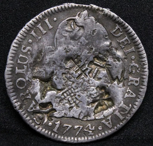2 Reales 1774, Bolivia PTS-JR Charles III. KM-53 Chinese Chopmarks