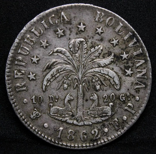 1862 8 Soles, Bolivia. Silver Coin. KM-138 GEF. Great condition