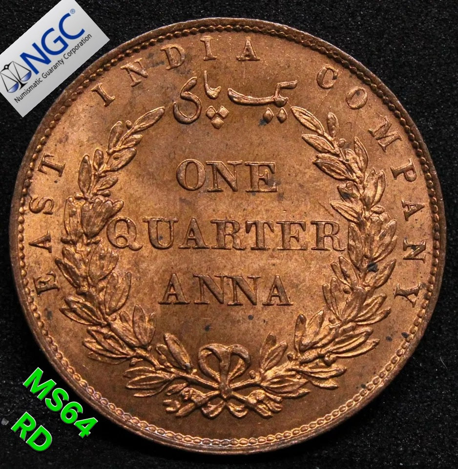 1/4 anna 1858, British-India. KM-463. UNC+Lustre NGC MS64 RD