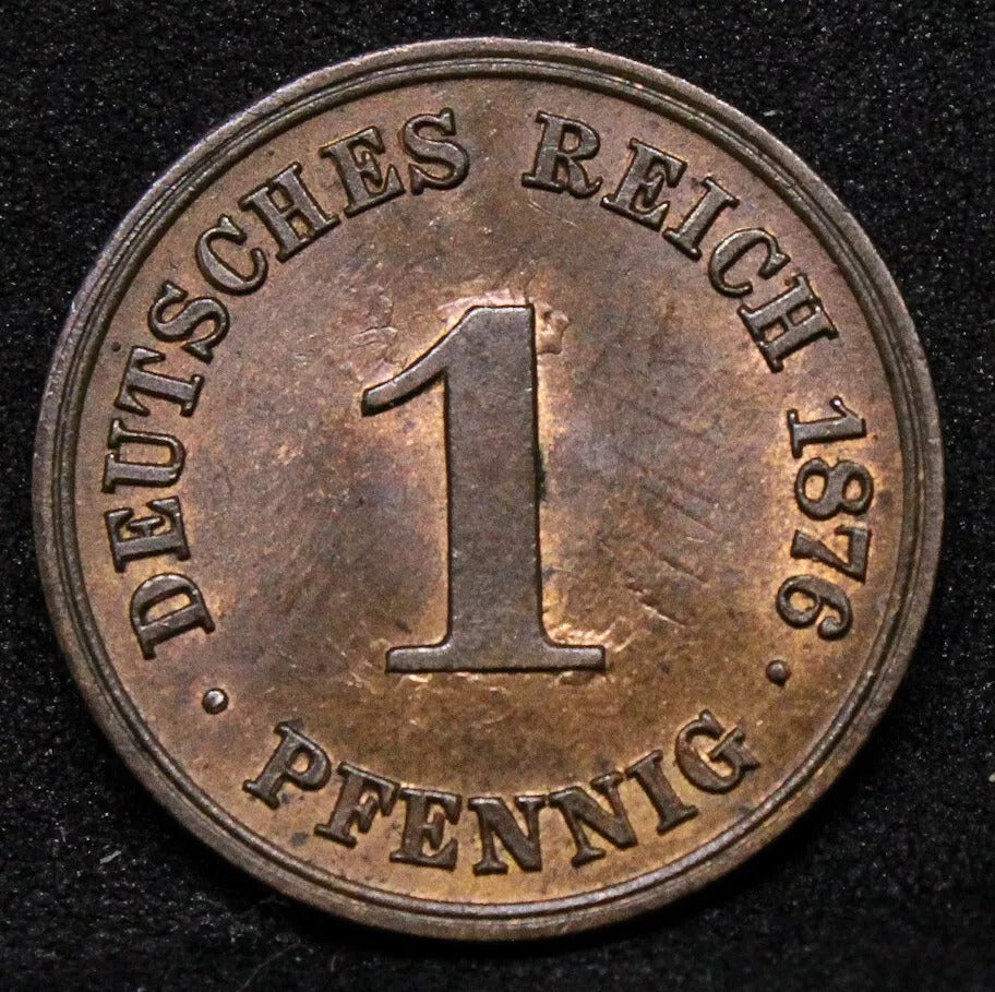 1 pfennig 1876-c, German Empire copper coin. KM-1. UNC rare mint