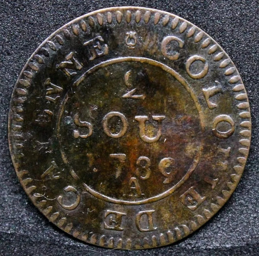 1789-A 2 Sous, French Guiana. KM-1, UNC Or Near So, Superb Strike and surface