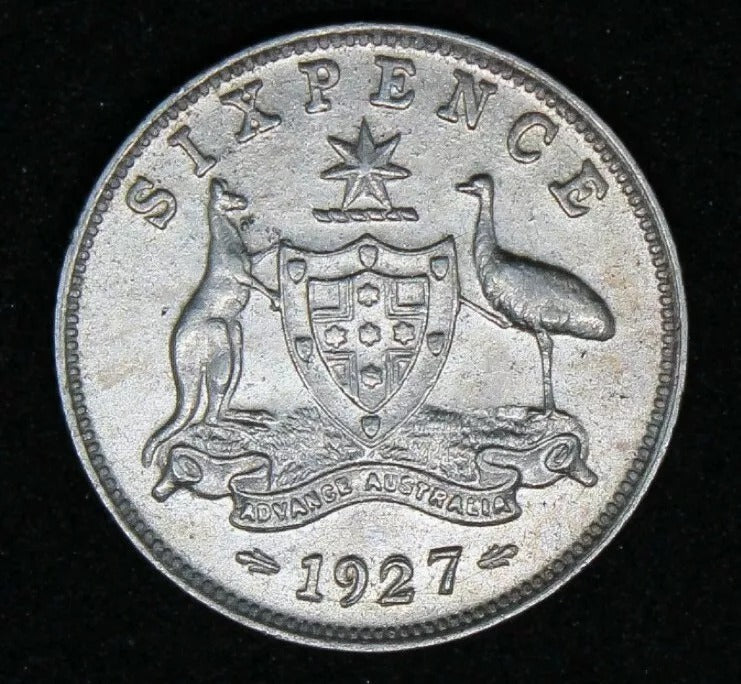 1927 Sixpence. Australia: George V , Km#25 aUNC. Some repunching to "92"