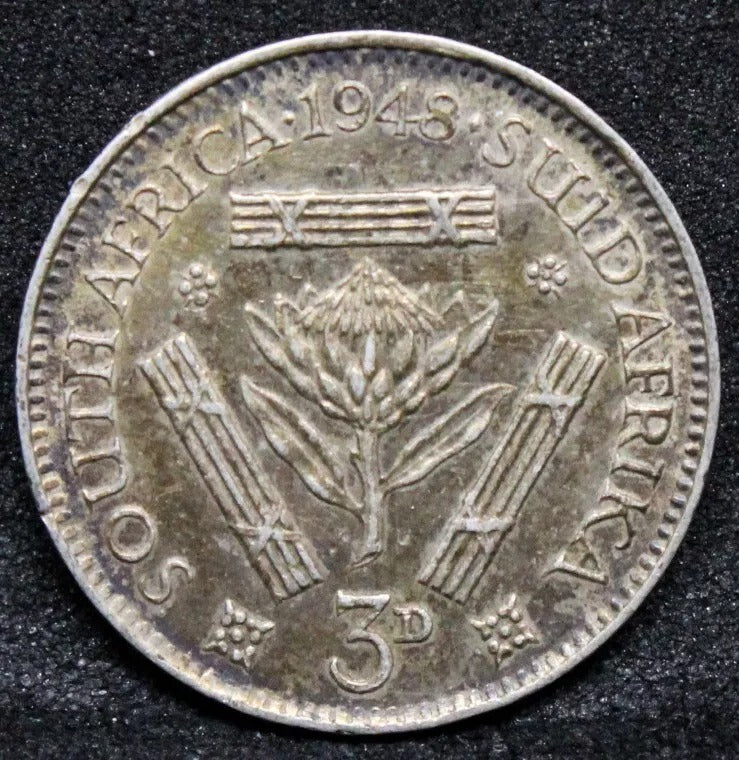 3 pence 1948 South Africa, George VI. KM-35.1 GEF. Three pence coin
