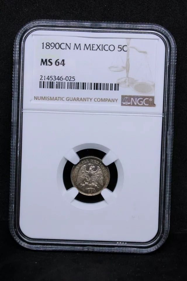 5 Centavos 1890 CN M. Mexico Silver. KM-398. UNC NGC MS64 top pop #2