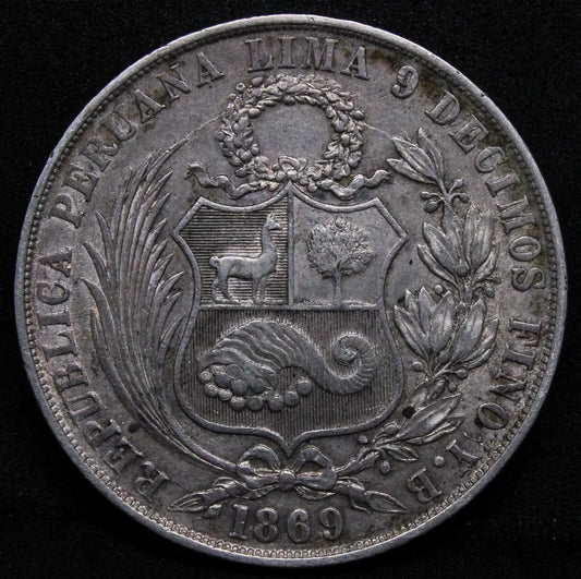 1 Sol 1869. Peru. KM# 196.3. Silver Crown