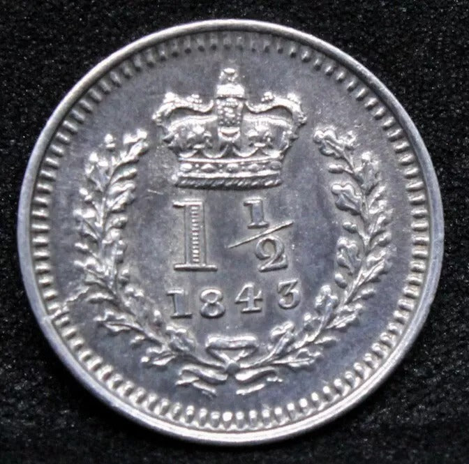 1843 3 Halfpence Or 1 1/2 Pence, Queen Victoria. S.3915. UNC