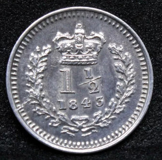 1843 3 Halfpence Or 1 1/2 Pence, Queen Victoria. S.3915. UNC