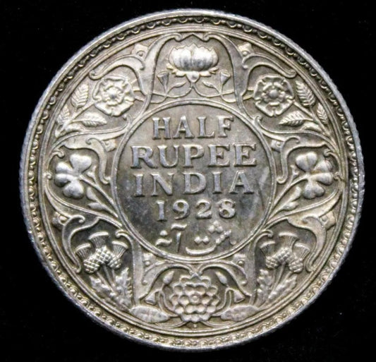 1928-B 1/2 Rupee British-India UNC, Semi Cameo portrait KM-522