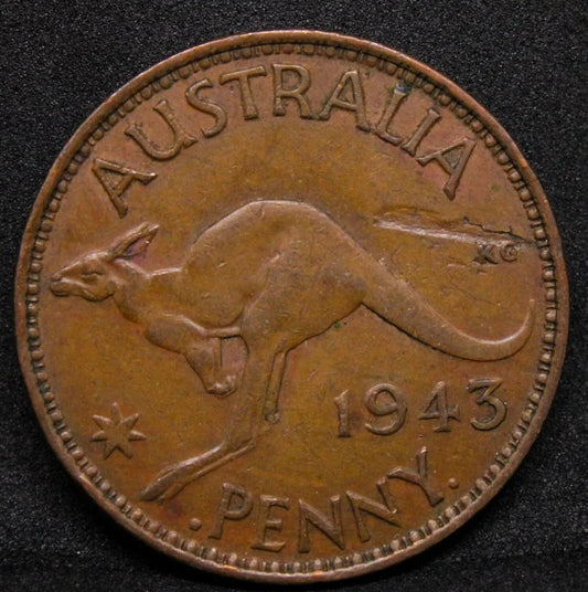 1943 australia penny. George VI. ERROR Lamenation peel. KM-36