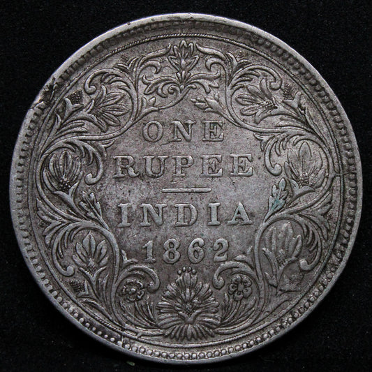1862 India-British Rupee Victoria KM 473.1 ..... Error, double srtuck/repunched date