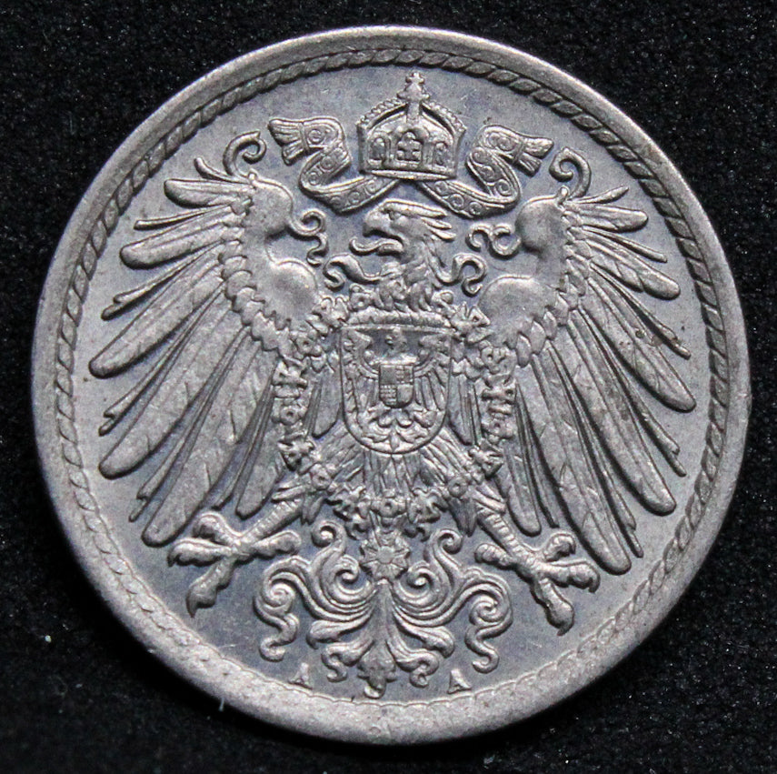 1906 5 pfennigs, Germany. William II issue. KM-11 UNC