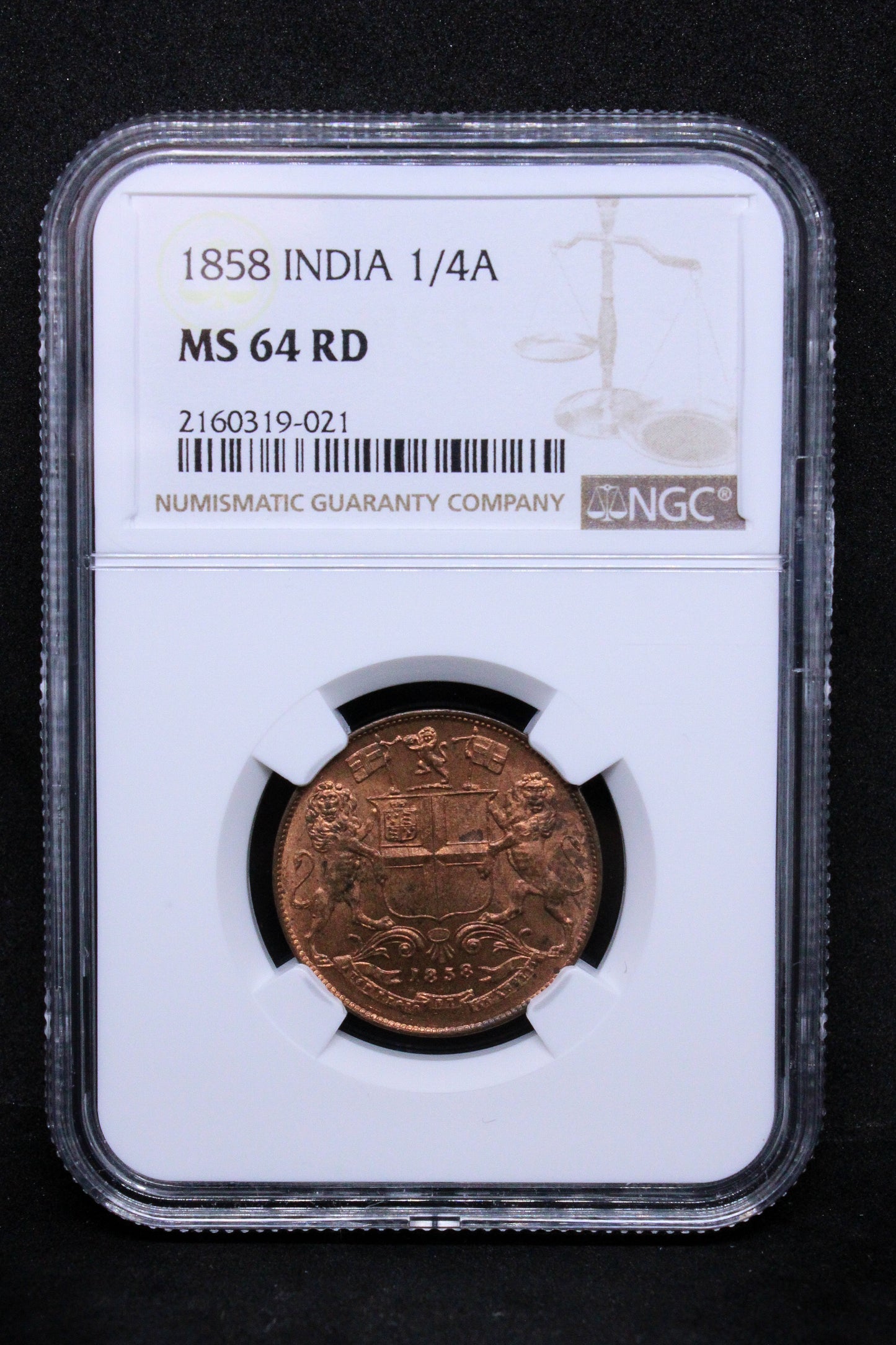 1/4 anna 1858, British-India. KM-463. UNC+Lustre NGC MS64 RD