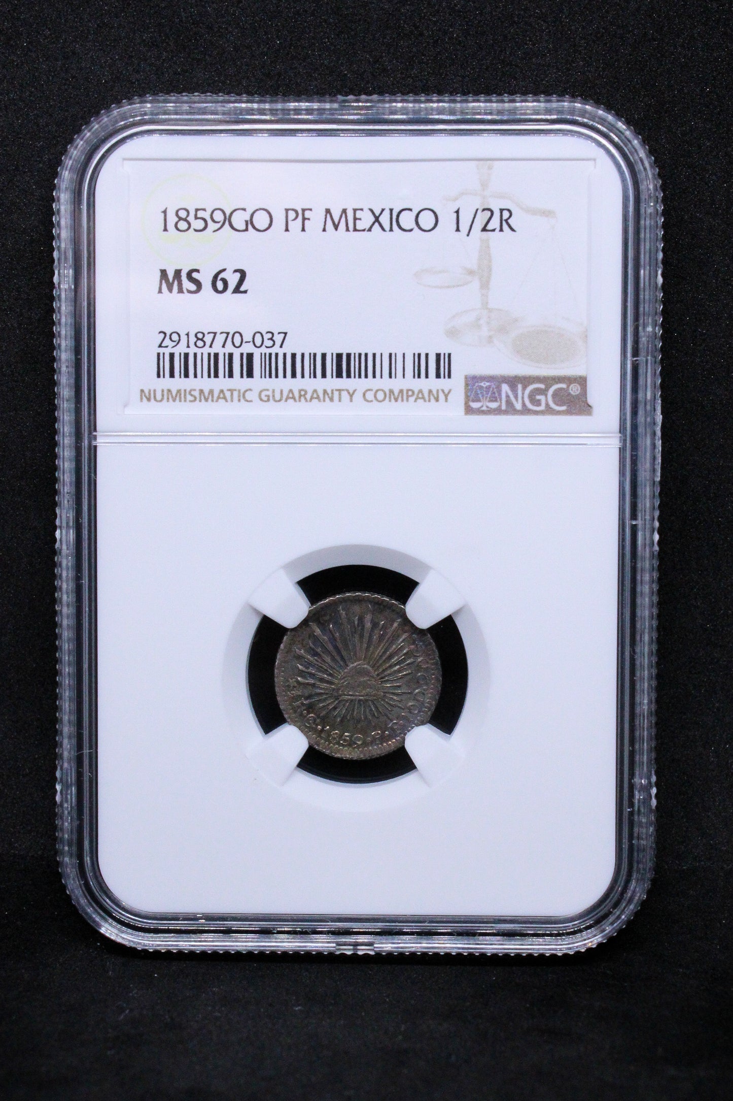 1859 GO-PF MEXICO 1/2R .NGC MS 62, Sole Graded TOP POP