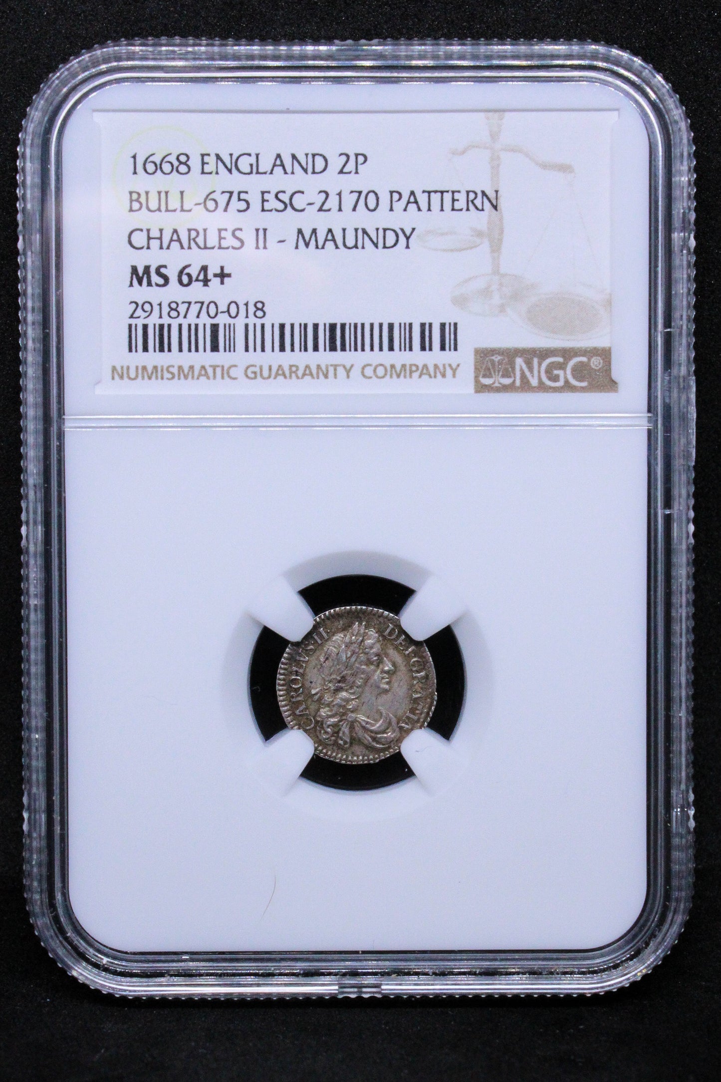 1668 ENGLAND 2 PENNY BULL-675 ESC-2170 PATTERN CHARLES II - MAUNDY .NG.C MS 64+ SOLD..