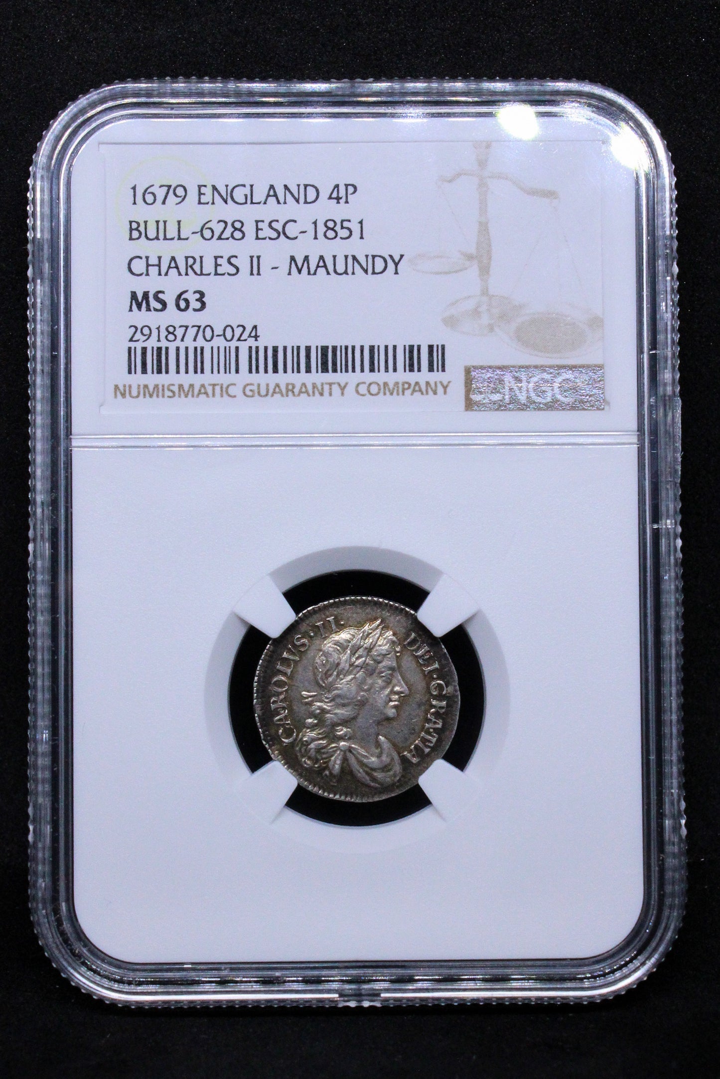 1679 ENGLAND 4 PENNY BULL-628 ESC-1851 CHARLES II - MAUNDY .NGC MS 63