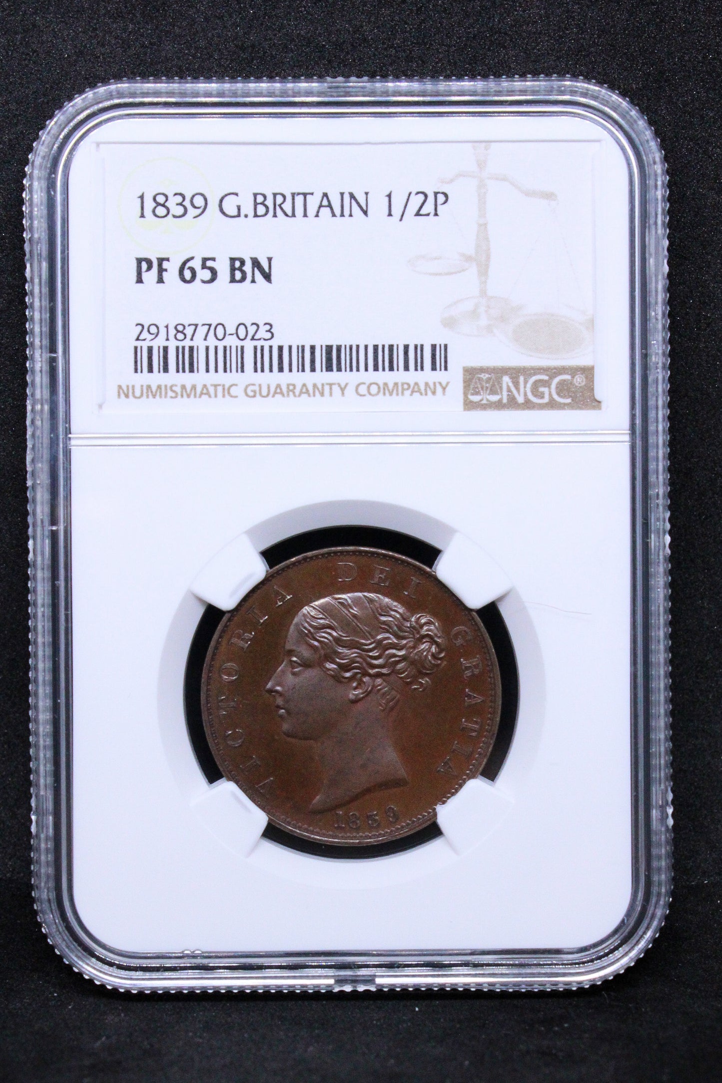 1839 G.BRITAIN 1/2 PENNY Queen Victoria .NGC PF 65 BN TOP POP