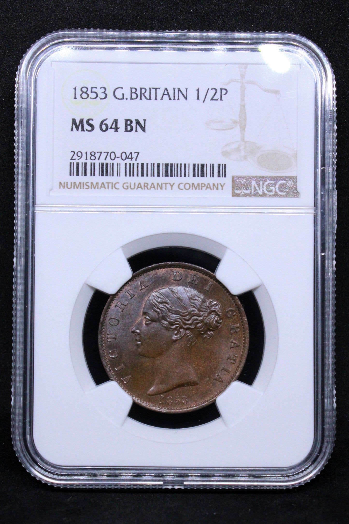 1853 G.BRITAIN 1/2 PENNY Queen Victoria .NGC MS 64 BN