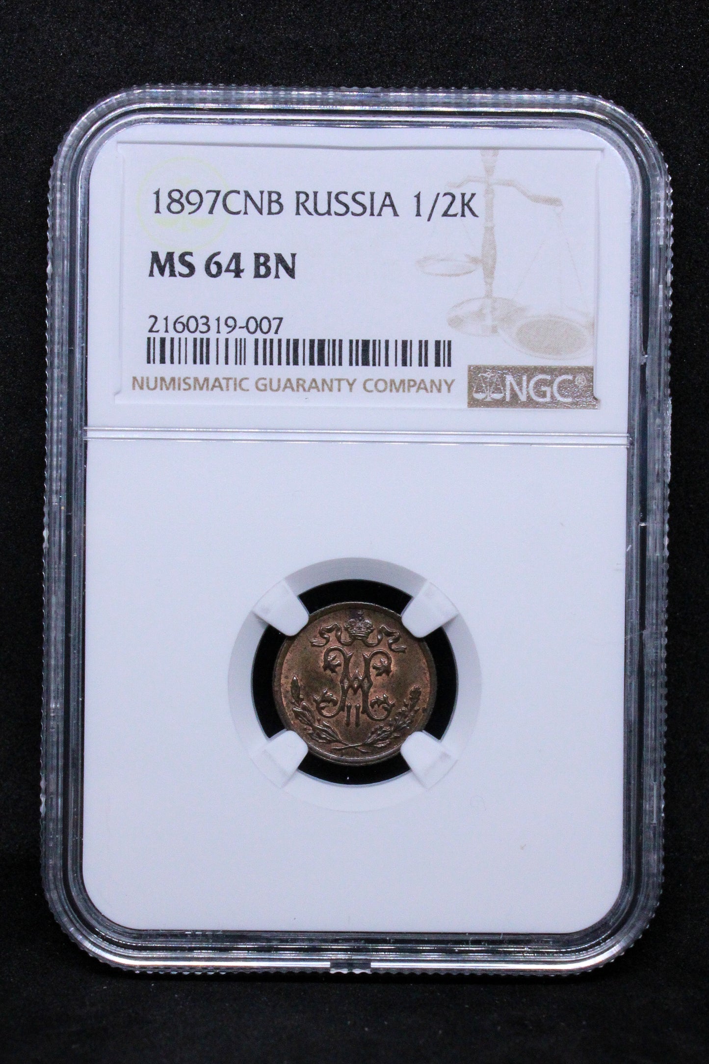 1897 CNB RUSSIA 1/2 KOPEK .NGC MS 64 BN