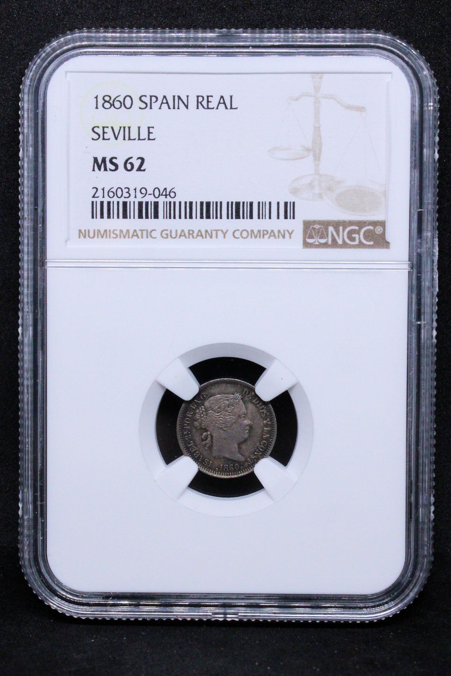 1860 SPAIN REAL SEVILLE .NGC MS 62, TOP POP