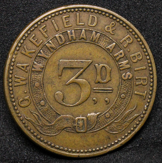 Wyndham arms token 3 pence, G. Wakefield & R.Birt. Live and let live 1855