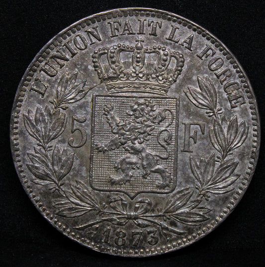 5 Francs, 1873. Belgium King Leopold II. KM-24 Crown 25g aUNC