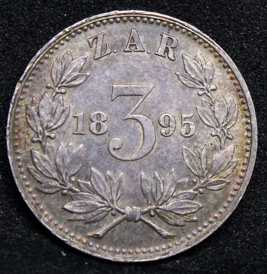 1895 3 Pence, South Africa. aUNC. Rare key date any grade. REF KM3