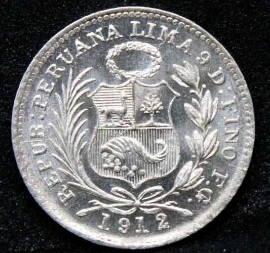 1912 1/2 Dinero. Peru Silver Coin. KM-206.2 UNC