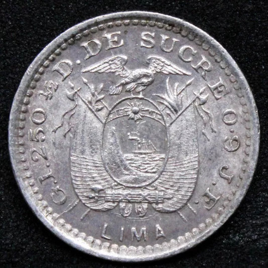 ½ Décimo 1902 LIMA JF. Ecuador silver coin. KM-55. UNC