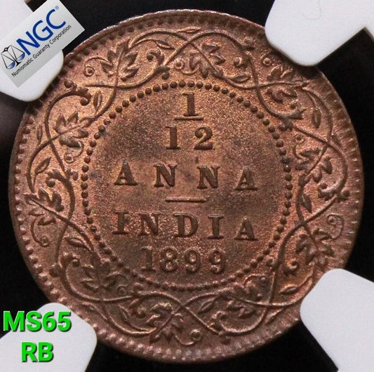 1/12 Anna 1899. Queen Victoria, British-India. KM-483. BU NGC MS65 RB