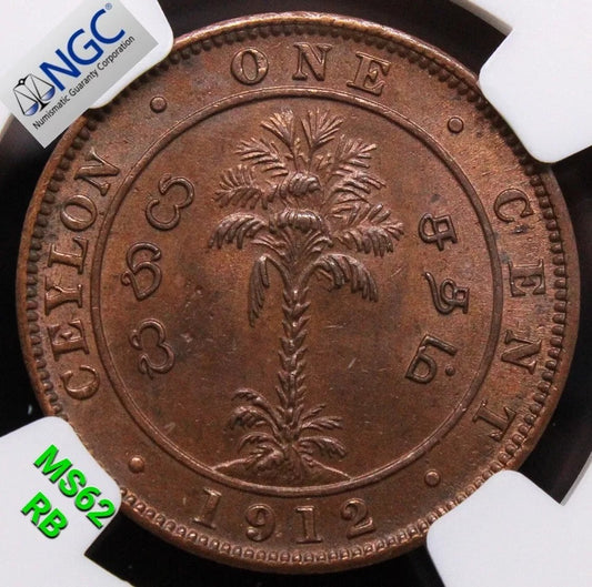 1 cent 1912, Ceylon George V. KM-107. UNC NGC MS62 RB