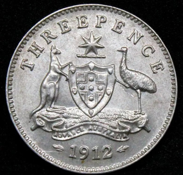 1912 Australia 3 pence, George V. aUNC KM-24, one of the key dates