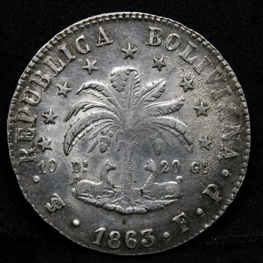 1863 8 Soles, Bolivia. Silver Coin. KM-138 aUNC. Great condition