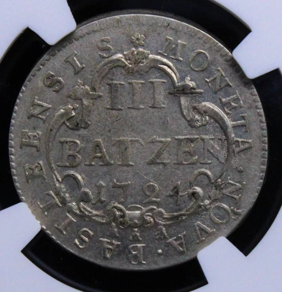 3 Batzen 1724, Switzerland Basel Canton. KM-140 NGC AU58